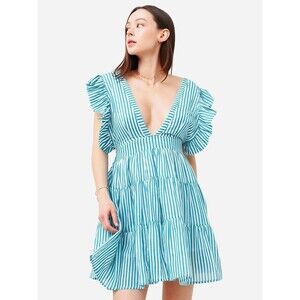 Oliphant Cross Back Mini Dress Women's Size Large Green Stripe V-Neck Dress